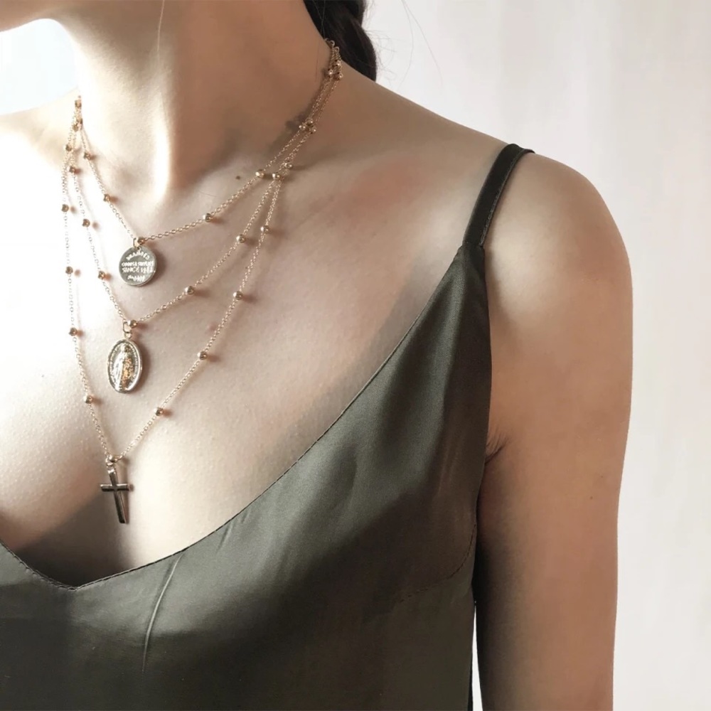 🎉 New Layered Beaded Cross Silver Chain Necklace